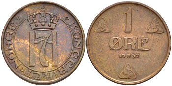НОРВЕГИЯ 1 ЭРЕ 1937 ХОКОН VII (1905-1957) KM 367 бронза 116-1119