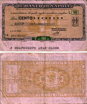 Италия чек на 100 лир 1976 2 февраля 1976, IL Banco Di Napoli бумага 7203-83-3-1