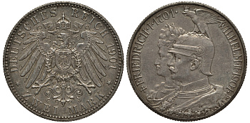 Пруссия 2 марки 1901 A, 200 лет Прусской королевской династии (Фридрих I - Вильгельм II) J.105, Weege 105, KM 525 серебро 3711-1014