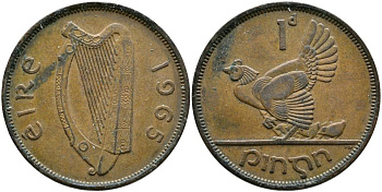 ИРЛАНДИЯ 1 ПЕННИ 1965 КУРИЦА С ЦЫПЛЯТАМИ KM 11 бронза 4531-722
