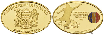 Чад 3000 франков 2016 Чемпионат Европы по футболу во Франции, овал, эмаль KM 9 золото PROOF 00-811-03