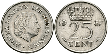 НИДЕРЛАНДЫ 25 ЦЕНТОВ 1967 ЮЛИАНА KM 183 никель 96-168