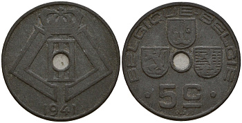 Бельгия 5 сантимов 1941 Belgique - Belgie, Леопольд III (1934-1947), германская оккупация, Вторая мировая война KM 123 цинк 4160-1119
