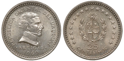 Уругвай 25 сентесимо 1960 KM 40 медно-никель 4169-957