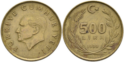 Турция 500 лир 1990 Кемаль Ататюрк KM 989 алюминиевая бронза 4573-911