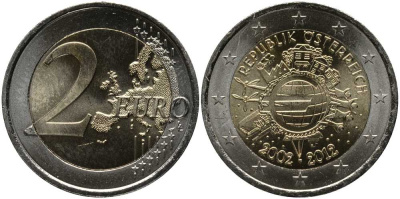 Австрия 2 евро 2012 10 лет монетарной политике и наличному евро KM 3205 биметалл UNC 115-945