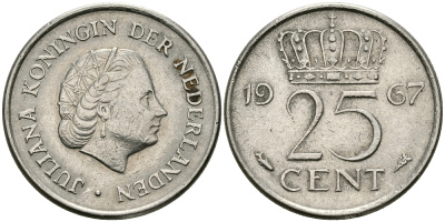 НИДЕРЛАНДЫ 25 ЦЕНТОВ 1967 ЮЛИАНА KM 183 никель 96-168