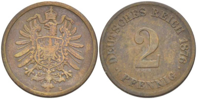 ГЕРМАНИЯ 2 ПФЕННИГА 1876 E, СТАРОГЕРБОВКА KM 2, J. 2, Weege 3 медь 212-654