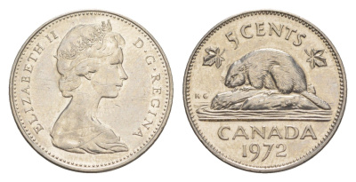 Канада 5 центов 1972 Елизавета II (1952-2022), бобр KM 60.1 никель 4636-568