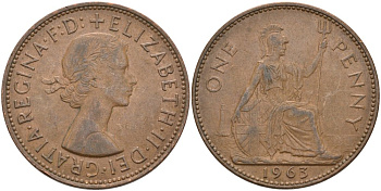 Великобритания 1 пенни 1963 Елизавета II (1952-2022) KM 897, Spink 4157 бронза 4574-224
