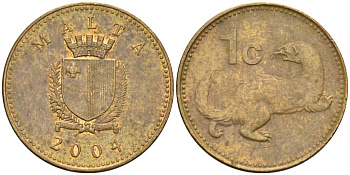 Мальта 1 цент 2004 ласка, горностай KM 93 никель латунь 4585-1252