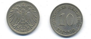 ГЕРМАНИЯ 10 ПФЕННИГОВ 1908 A KM 12, J. 13 медно-никель 58-337