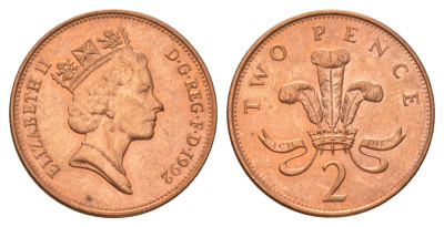 Великобритания 2 пенса 1992 Елизавета II (1952-2022) KM 936a, Spink 4376 (C4) сталь плакированная медью UNC 4628-757