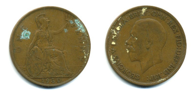 Великобритания 1 пенни 1930 Георг V (1910-1936) КМ 838, Spink 4055 бронза 41-1052