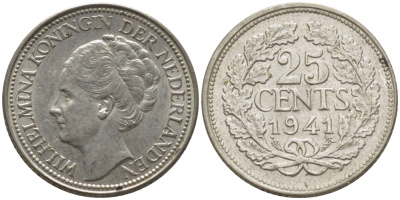 Нидерланды 25 центов 1941 Вильгельмина (1890-1948) KM 164 серебро aUNC 66-1146