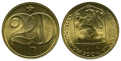Чехословакия 20 геллеров 1972 KM 74 латунь aUNC 4383-428