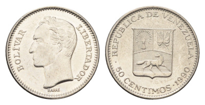 Венесуэла 50 сентимо 1990 Симон Боливар Y 41a сталь плакированная никелем aUNC 4664-657