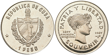 Куба 1 песо 1987 90 лет "сувенирного" песо KM 165 медно-никель PROOF 4165-324