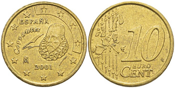 ИСПАНИЯ 10 ЕВРОЦЕНТОВ 2001 ХУАН КАРЛОС I (1975-) KM 1043 латунь 4544-235