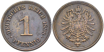 ГЕРМАНИЯ 1 ПФЕННИГ 1888 А, СТАРОГЕРБОВКА KM 1, Jager. 1, Weege 1 медь 4528-1067