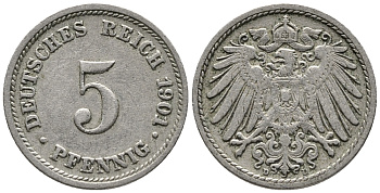 ГЕРМАНИЯ 5 ПФЕННИГОВ 1901 D KM 11, J. 12 медно-никель 39-749
