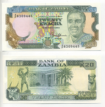Замбия 20 квач ND (1989-1991) Кеннет Каунда, антилопа, президентский дворец, подпись Bussiere Pick 32 b бумага UNC (пресс) 2192-29-1
