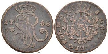 Польша 1 грош 1768 G, Станислав Август Понятовский (1764-1794), вес 4,19 гр. KM 177 (C38), Gumowski 2342 медь 1517-831