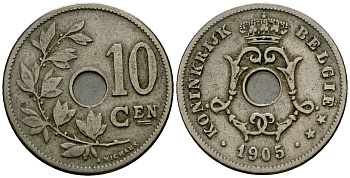 Бельгия 10 сантимов 1905 Belgie KM 53 медно-никель 4135-915