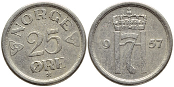 НОРВЕГИЯ 25 ЭРЕ 1957 KM 401 медно-никель 4396-422