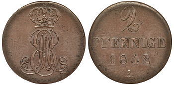 Ганновер 2 пфеннига 1842 A, Эрнст Август (1837-1851) KM 174.1, AKS 122, J. 55 медь 75-1722