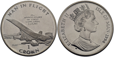 Остров Мэн 1 крона 1994 25 лет со дня первого полета Конкорда КМ 424 медно-никель UNC 4125-223