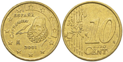 ИСПАНИЯ 10 ЕВРОЦЕНТОВ 2001 ХУАН КАРЛОС I (1975-) KM 1043 латунь 4544-235