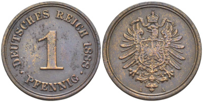 ГЕРМАНИЯ 1 ПФЕННИГ 1888 А, СТАРОГЕРБОВКА KM 1, Jager. 1, Weege 1 медь 4528-1067