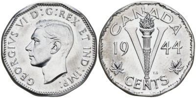 Канада 5 центов 1944 Георг VI (1937-1952) KM 40а хромированная сталь UNC 4556-1027