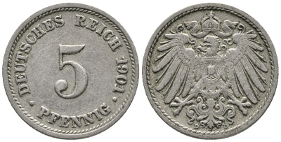 ГЕРМАНИЯ 5 ПФЕННИГОВ 1901 D KM 11, J. 12 медно-никель 39-749