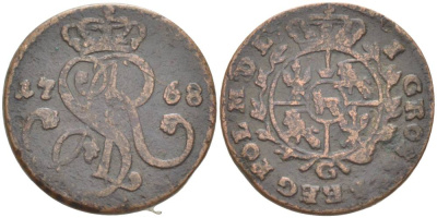 Польша 1 грош 1768 G, Станислав Август Понятовский (1764-1794), вес 4,19 гр. KM 177 (C38), Gumowski 2342 медь 1517-831