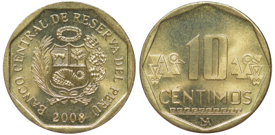 Перу 10 сентимо 2008 KM 305.4 латунь aUNC 4605-545