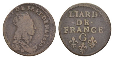 Франция 1 лиард 1656 G, Людовик XIV (1638-1715) KM 192 медь 1519-233