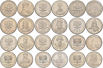 Польша лот из 12 монет, номиналом 50, 100 и 500 злотых 1979-1989 Польские короли  медно-никель  UNC  8-1-03-02