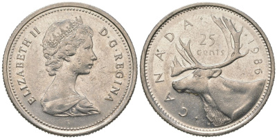 Канада 25 центов 1986 Елизавета II (1952-2022), олень KM 74 никель 190-654