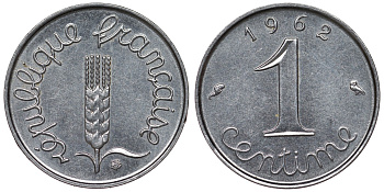 Франция 1 сантим 1962 пятая республика KM 928, Le Franc 106.4 нержавеющая сталь 4124-355