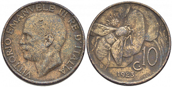ИТАЛИЯ 10 ЧЕНТЕЗИМО 1923 R, ВИКТОРИО ЭМАНУИЛ, ПЧЕЛА KM 60 медь 4448-215
