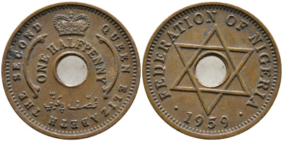 Нигерия 1/2 пенни 1959 Елизавета II (1952-), Британский протекторат KM 1 бронза 4387-358