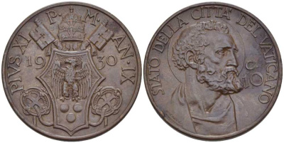 ВАТИКАН 10 ЧЕНТЕЗИМО 1930 ГОД IX, ПАПА ПИЙ XI (1922-1939), СВЯТОЙ ПЕТР KM 2 бронза XF+ 3896-1611