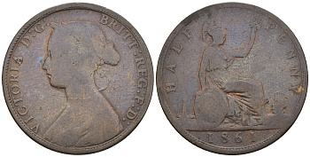 Великобритания 1/2 пенни 1861 Виктория (1837-1901) KM 748.2, Spink 3956 бронза 4610-635