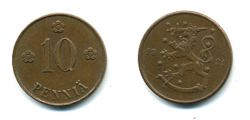 Финляндия 10 пенни 1921 республика (1918-1962) KM 24 медь 46-169