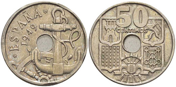 Испания 50 сентимо 1949 (56) Франко (1939-1975), морская атрибутика KM 777 медно-никель 116-1046