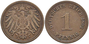 ГЕРМАНИЯ 1 ПФЕННИГ 1892 A KM 10, J. 10, Weege 2 медь 211-145