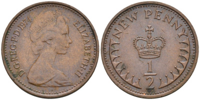 Великобритания 1/2 пенни 1974 Елизавета II (1952-2022) KM 914, Spink 4239 бронза 4115-662