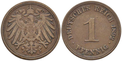 ГЕРМАНИЯ 1 ПФЕННИГ 1892 A KM 10, J. 10, Weege 2 медь 211-145